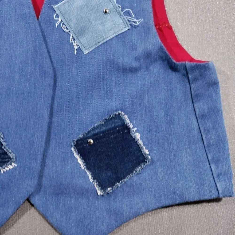 Vtg Handmade Denim Patchwork Vest Large Bandana Print Concho Lined